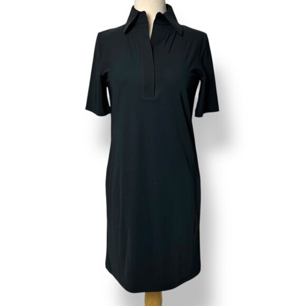 NWT SHAN Women's Black Lycra Polo Dress V-Neck Knee Length Short Sleeve Sz 02
